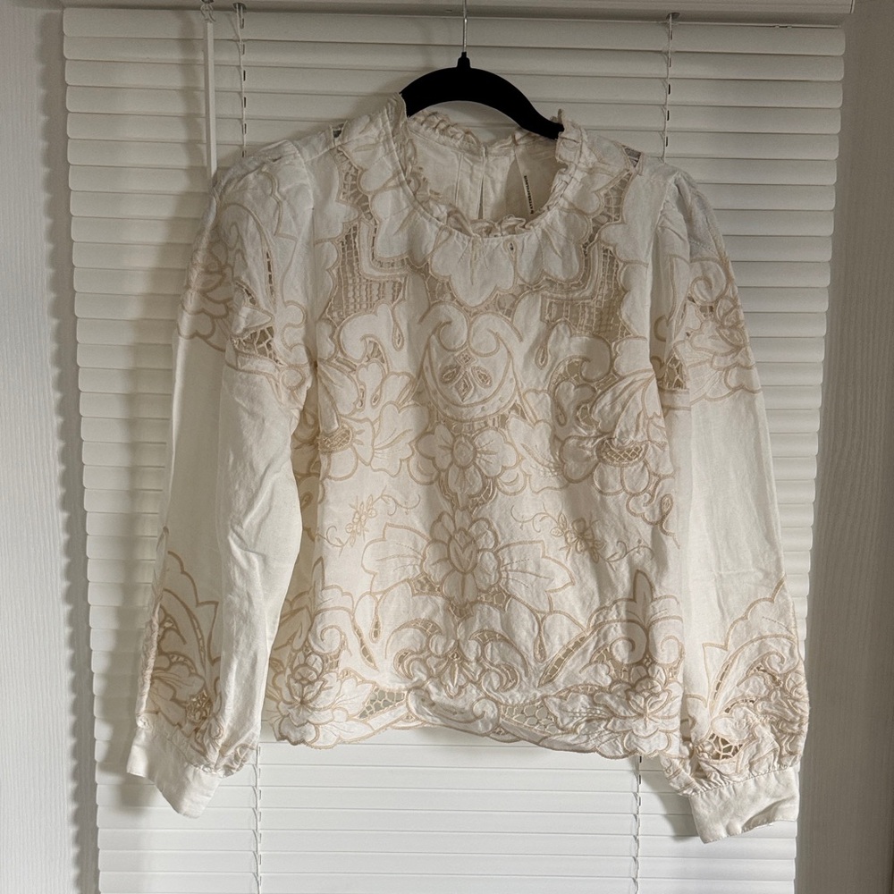 Anthropologie Cream Embroidered Women's Top